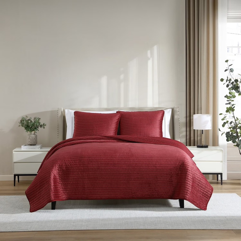 Lenox Holiday 3 Piece Quilt Set King Red Faux Mink Microfiber Bedding